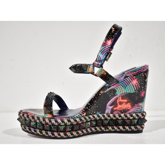 Christian Louboutin Pyraclou 110 Black Starlight Platform Wedge Sandal Heel 38 - Picture 8 of 12